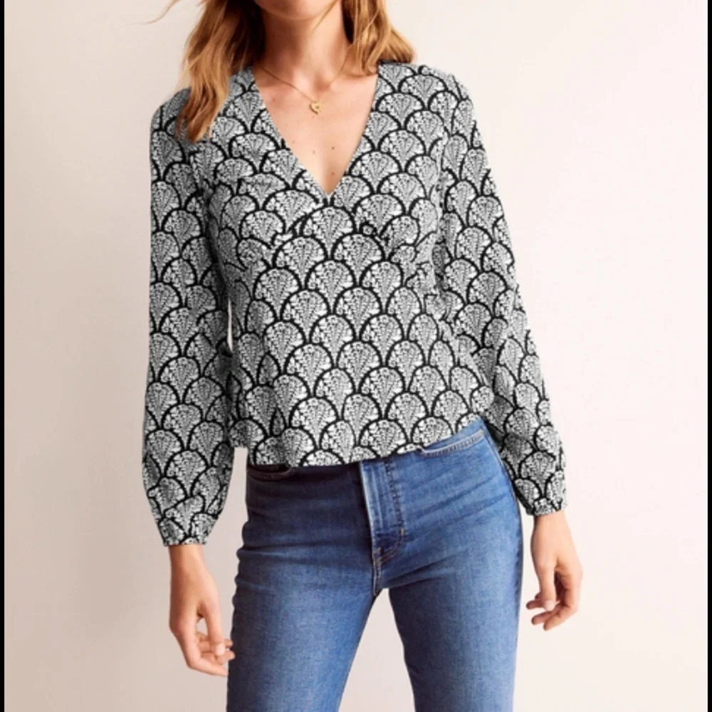 Boden V Neck Puff Sleeve 100% Linen Popover Botanical Print Sz 6
